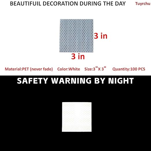 Non Fading White Reflective Stickers 3 inch X 3 inch, Outdoor Waterproof High Visibility Warning Safety Adhesive Reflector Tape (100 Pcs)