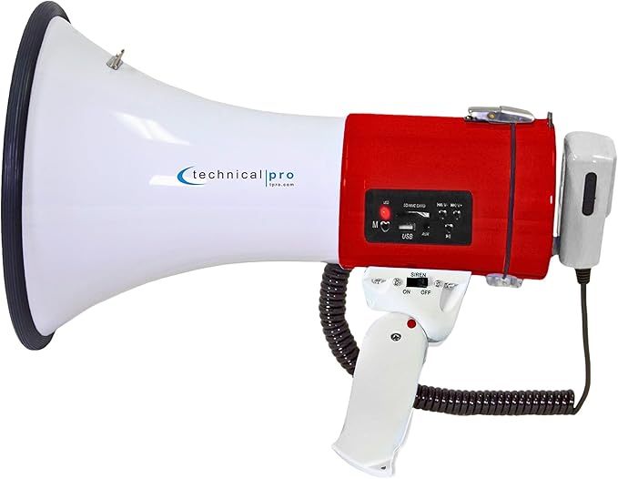 Technical Pro Portable Lightweight 75-Watt Megaphone Bullhorn w Siren, Detachable Microphone & Strap - Professional Outdoor Voice for Police & Cheer Leading