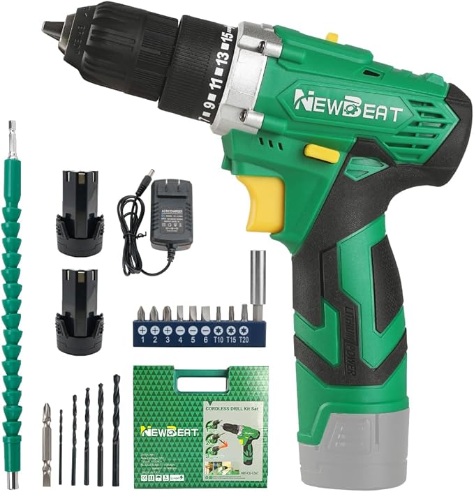 Cordless Drill Set, 12V Power Drill Driver with 2 Batteries and Charger, 3/8" Keyless Chuck, 2 Variable Speed, 15+1 Torque Setting Electric Drill, Power Tools Kit for Home and DIY Project