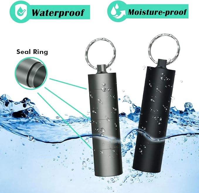 Portable Keychain Pill Case Holder, EFFIET 3 Compartments Metal Pocket Emergency Pill Container Box for Daily Supplyment (Black+Matt Finished)