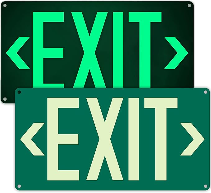 2Pack Photoluminescent Exit Sign Green, 14.25"x 7.5" Aluminum Glow In The Dark Exit Signs with Strong Adhesive Backing and 4pcs Removable Directional Arrows Glow In The Dark,Easy to install.