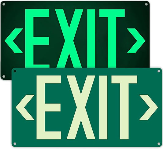 2Pack Photoluminescent Exit Sign Green, 14.25"x 7.5" Aluminum Glow In The Dark Exit Signs with Strong Adhesive Backing and 4pcs Removable Directional Arrows Glow In The Dark,Easy to install.