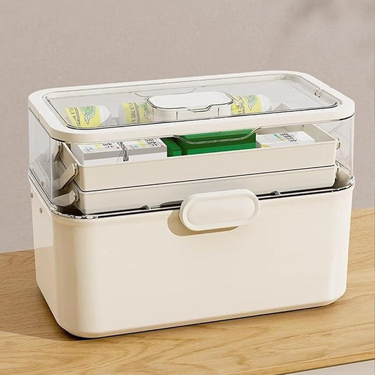 3-Tier Portable Medicine Storage Box, Medical Organizer With Removable Small Medicine Box, Dustproof & Moisture-Proof, Family Size with Transparent Visual Design, Suitable for Home&Travel Use (White)