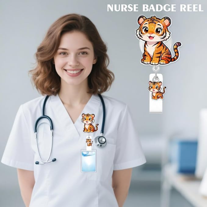Cute Tiger Badge Reel for ID Card, Funny Animal Tiger Retractable Nurse Alligator Clip Badge Reel for Women, ID Name Tag Badge Holder for Office School Hospital Nurses Doctors Teachers