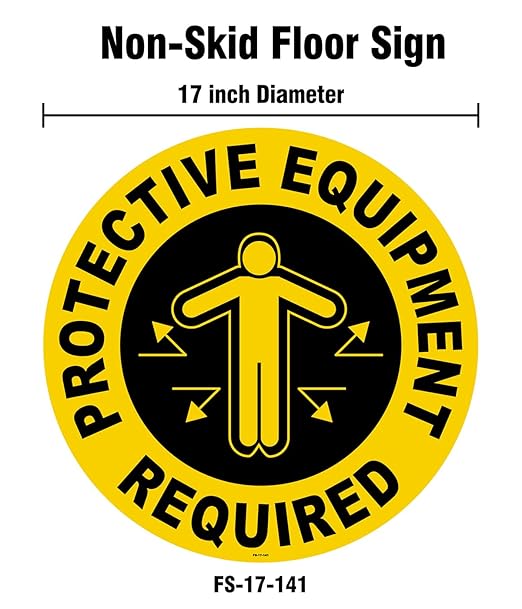 Stranco Floor Signs "PROTECTIVE EQUIPMENT REQUIRED" Non-Slip Permanent Acrylic Adhesive Floor Sign, 17" Black on Yellow