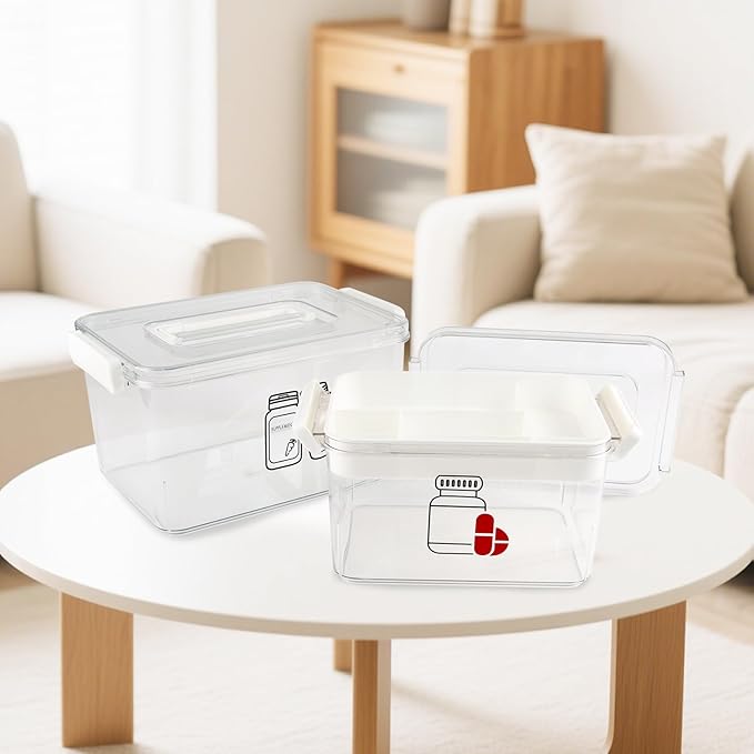 First Aid Box Empty and Vitamin Bottle Organizer Set, Clear Plastic Medical Box with Snap-Off Lid & Handle for Supplements Medicine Storage