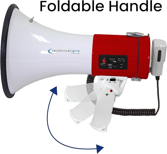 Technical Pro Portable 75-Watt Megaphone Bullhorn Speaker w/Detachable Microphone w/Rechargeable Battery, a Built-in AC Wall Charger, Good for Trainers, Soccer, Coaches, Cheer Leaders