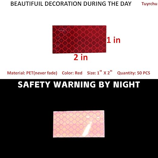 Non Fading Red Reflective Stickers 1 inch X 2 inch, Outdoor Waterproof High Visibility Warning Safety Adhesive Reflector Tape (50 Pcs)