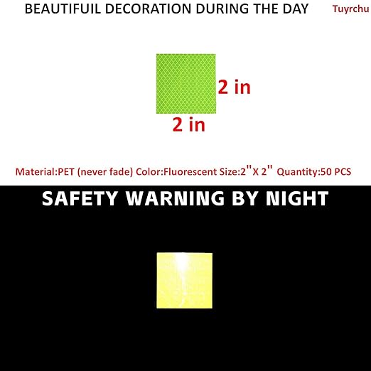 Non Fading Fluorescent Yellow Reflective Stickers 2 inch X 2 inch, Outdoor Waterproof High Visibility Safety Adhesive Reflector (50 Pcs)