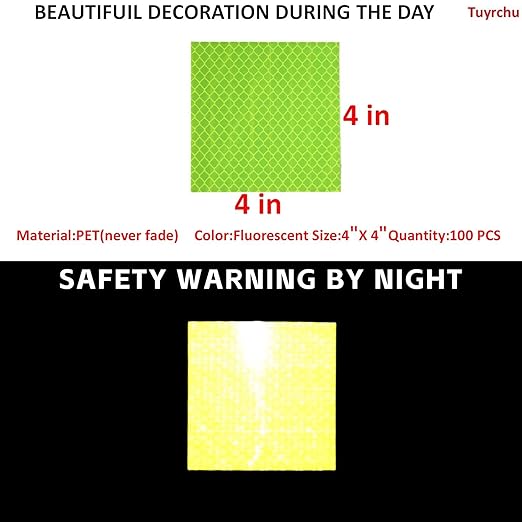 Non Fading Fluorescent Yellow Reflective Stickers 4 inch X 4 inch, Outdoor Waterproof High Visibility Safety Adhesive Reflector (100 Pcs)