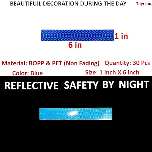 Blue Reflective Stickers 1 inch X 6 inch, Outdoor Waterproof High Visibility Warning Safety Adhesive Reflector Tape (30 Pcs)