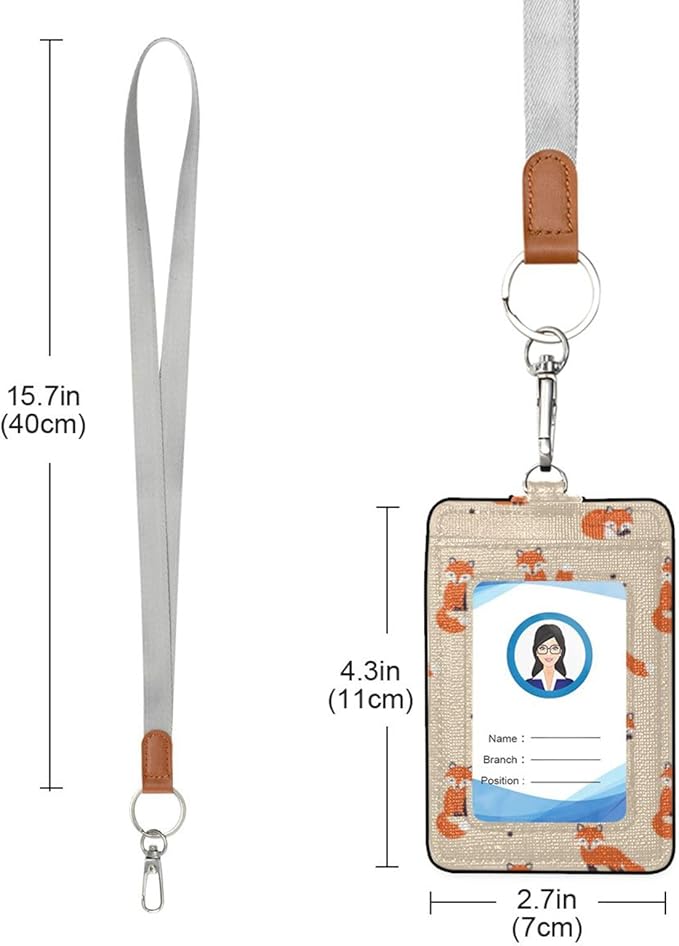 Fox ID Badge Holder with Lanyard, Vertical Leather ID Badge Card Holder for Office Staff, School Teacher and Student