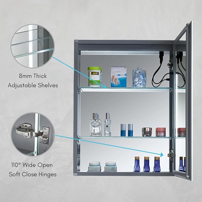 Blossom LED Lighted Medicine Cabinet Mirror for Bathroom 20x26 Inch, Right Hinge Recessed/Surface Mount - LED Mirror Cabinet with Lights, Defogger/3 Color Dimmer, Perfect Makeup Vanity