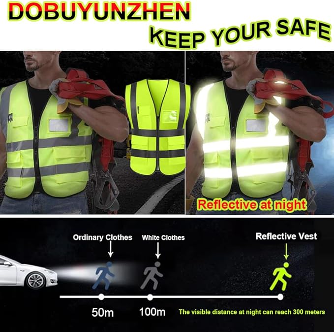 High Visibility Safety Reflective Vest with Pockets and Zipper Construction Hi Vis Work Vest(Black M)