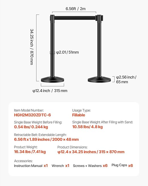 VEVOR Stanchion Post, 6 Pcs Stanchions with Retractable Belts, Carbon Steel Black Stanchions Queue with Sand Injection Hollow Base, Crowd Control Barriers for Theaters, Parties, Weddings, Exhibitions