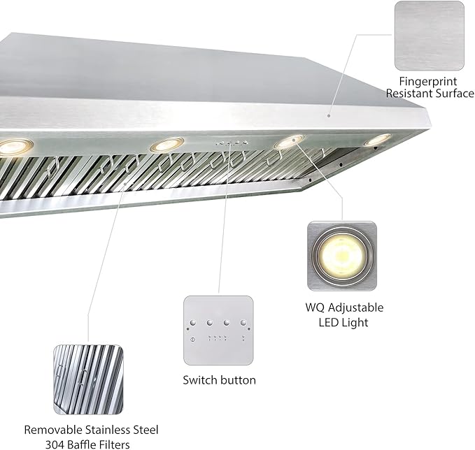 CT Copper Tailor 42-inch Range Hood Insert with Inline Remote Blower,1260CFM Kitchen Vent Hood, 4-Speed Exhaust Fan, 4 LED Lights, 8" Round Ducted,Baffle Filters, in Stainless Steel
