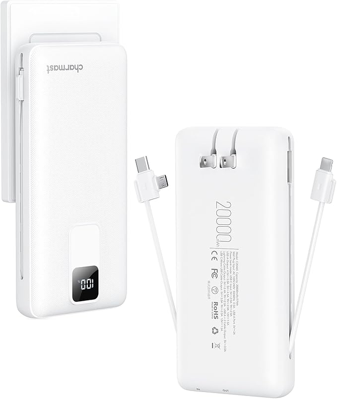 charmast Portable Charger with Built-in Cables and Wall Plug, 20000mAh 20W USB C Power Bank Fast Charging Battery Pack Travel Essentials Compatible with iPhone 16/15/14/13 Series, Samsung Google iPad