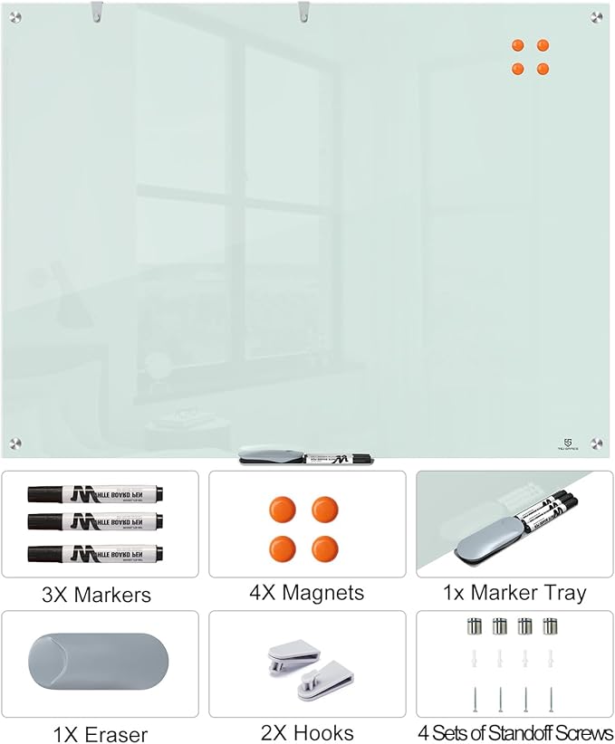 TSJ OFFICE Glass Dry-Erase Board - 48 x 36 Inches Wall Mounted Glass Whiteboard, Large Frameless Magnetic White Board for Office, Home & School, White