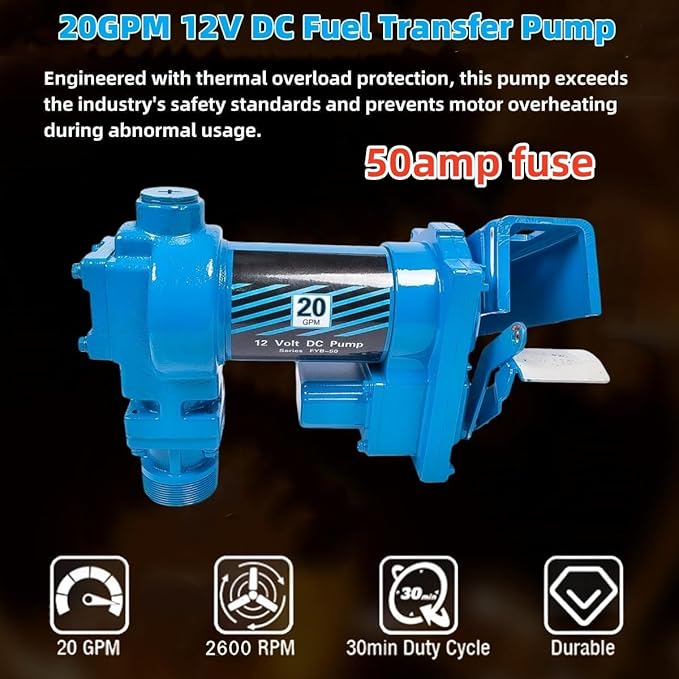 20 GPM 12 Volt Fuel Transfer Pump High Flow DC Transfer Pump Gasoline Pump for Transfer of Gasoline, Diesel, Kerosene, Ethanol & Methanol Blends & Biodiesel, with Discharge Hose & Manual Nozzle, Blue
