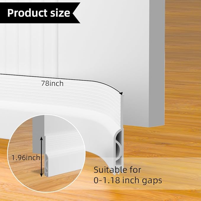 Door Draft Stopper for Bottom of Door, Adjustable Weather Stripping Door Seal for Cold Insulation, Under Door Sweep for Exterior & Interior Doors, Door Bottom Seal Blocker Noise (78inch,White)