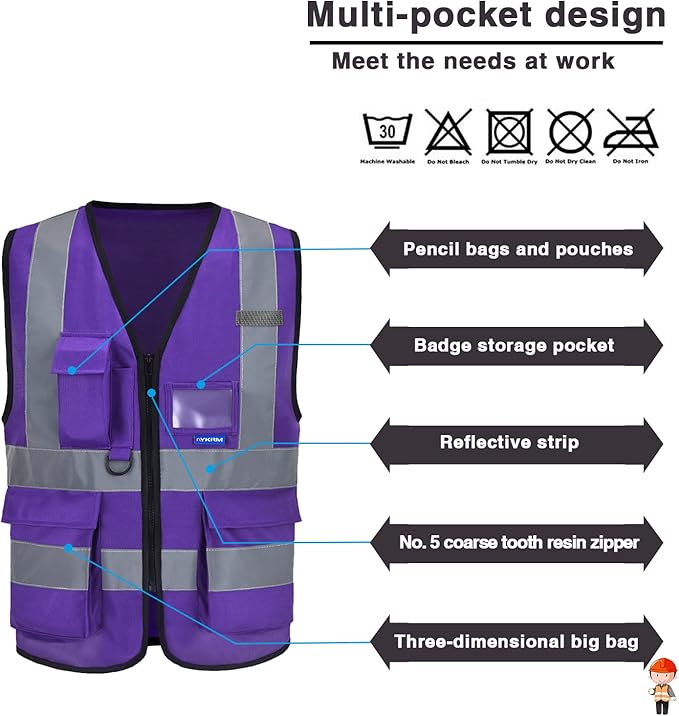 A-SAFETY Purple High Visibility Safety Vest with 4 Reflective Strips 7 Pockets,3XL