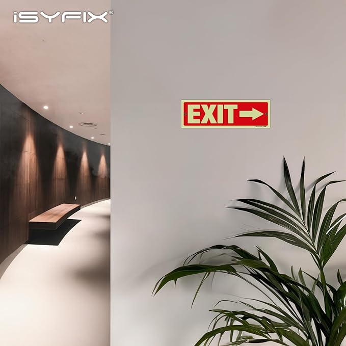 iSYFIX Exit Signs with Directional Right Arrow - 12 Pack 12x4 Inch Glow in the Dark for Business, School, Office, Warehouse - Durable 40 Mil Polystyrene, UV Laminated, Waterproof, Scratch & Fade Resistant