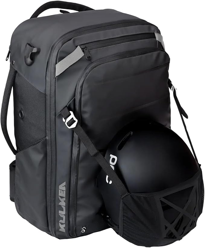 Käydä 44L Travel Backpack - Spacious Carry On Backpack with Detachable Travel Pouch, Magnetic Water Bottle Pocket, Passport and Laptop Pocket - Convertible Boot Bag for Snow Sports (Black/Silver)