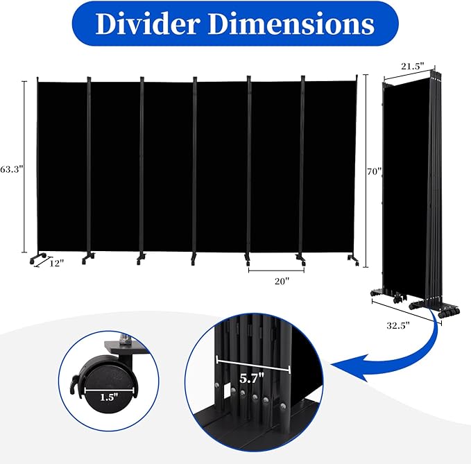 Room Divider 6FT Room Partition with Lockable Wheels, (Thicked Metal Base) Room Dividers, Freestanding Indoor Folding Privacy Screens, Portable Fabric Wall Divider for (Black, 132"- 6 Panel)
