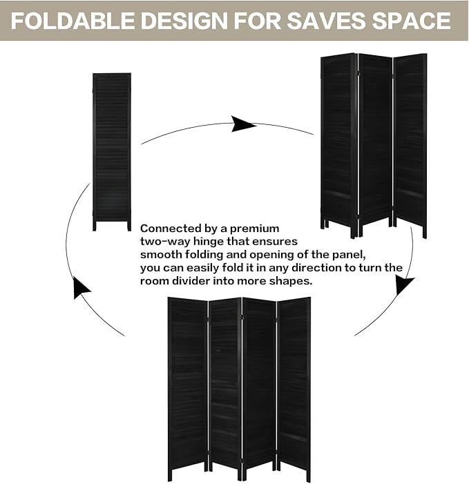 ECOMEX 4 Panel Wood Room Divider 5.6ft.Tall Folding Privacy Screen Panels, Room Divider Wall, Divider for Room Separation, Partition Room dividers and Effectively Block Sight(Black)