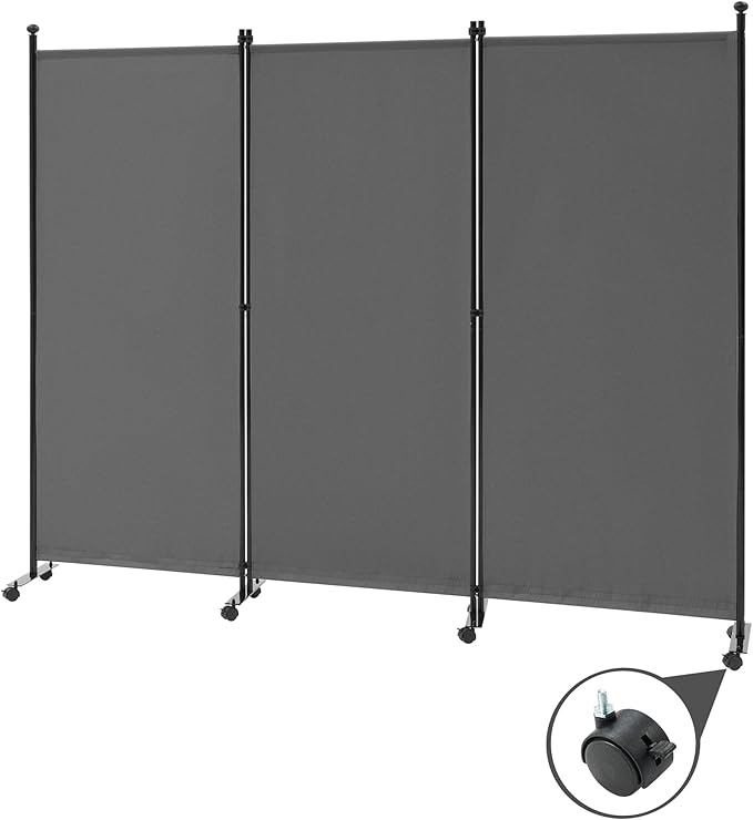 Spurgehom 3 Panel Rolling Room Divider, Folding Partition Privacy Screens, Freestanding Fabric Room Panel, Portable Folding Wall Divider for Office, Room, Restaurant, Hospital (Grey)
