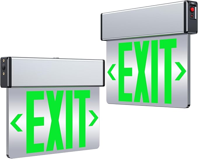 Green Led Edge Lit Exit Sign UL Listed, Brushed Aluminum Housing Double-Sides Mirrored Acrylic Emergency Exit Signs with Battery Backup, AC 120-347V Hardwired Exit Lights, Top/Side/Wall Mount (2 Pack)