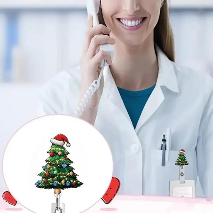 Christmas Tree Badge Holder Christmas Badge Reel Xmas Tree Badge Reels with Light String Hat Design Retractable ID Name Badge Alligator Clip for Nurse Student Teacher Office Decoration Party Favors