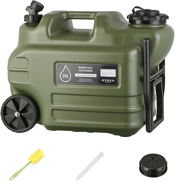 7.4 Gallon Water Jug,Camping Water Container with Wheel、Pull Rod,BPA-Free with Spigot Cleaning,Brush Military Green Tank Portable,Suitable for Outdoor Camping and Hiking