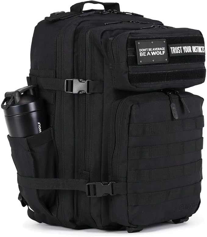 WOLFpak 45L Athletic Gym Backpack - Durable 1000D Waterproof Oxford Material with MOLLE Webbing, Laptop Pocket & Dual Cup Holders, Durable Fitness/Travel/Military Daypack (Alpha Black)