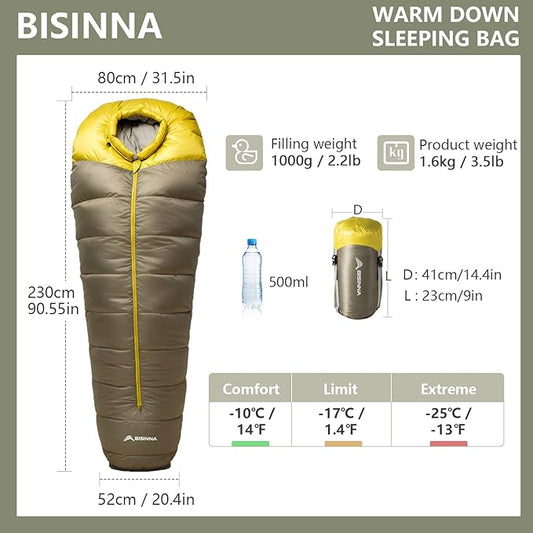 BISINNA Down Mummy Sleeping Bag for Adults 650FP Cold Weather Sleeping Bag 4 Season Compact Sleeping Bag with Compression Sack for Backpacking Camping Outdoor Hiking