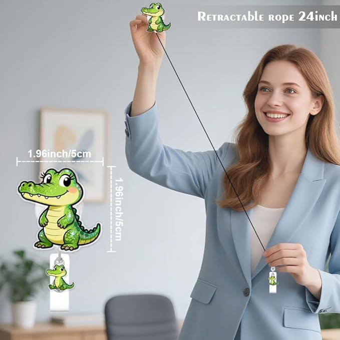Cute Crocodile Badge Reel for ID Card, Funny Green Crocodile Retractable Nurse Alligator Clip Badge Reel for Women, ID Name Tag Badge Holder for Office School Hospital Nurses Doctors Teachers