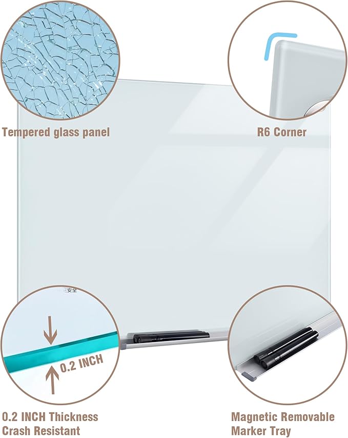 Mifuro Magnetic Glass Whiteboard，24"x18" Wall Mounted Frameless Dry Erase Board for Office, Home & School White