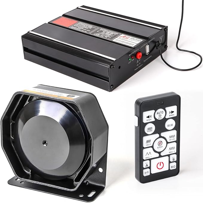Police Siren 20 Tones 130 DB 200 Watt, Dual 20A Auxiliary Switch, Wireless Remote USB Rechargeable 15M Control Range, Car PA System Speaker Horn, Emergency Siren for Car Truck Vehicles
