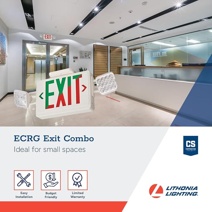 Lithonia Lighting Basics LED Exit Sign/Emergency Light Combo, Red/Green Switchable Exit Sign and Emergency Lights for Business, 2-Head Fixture, Square Lamp Heads, White (ECRG SQ M6)