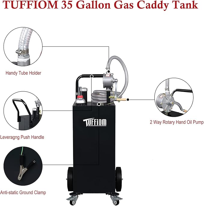 TUFFIOM 35 Gallon Fuel Gas Caddy w/Wheels & Manual Siphon Pump, Portable Diesel Fuel Transfer Storage Tank w/11.9ft Hose, Gasoline Can Container for ATV Car Mowers Tractor Boat Motorcycle