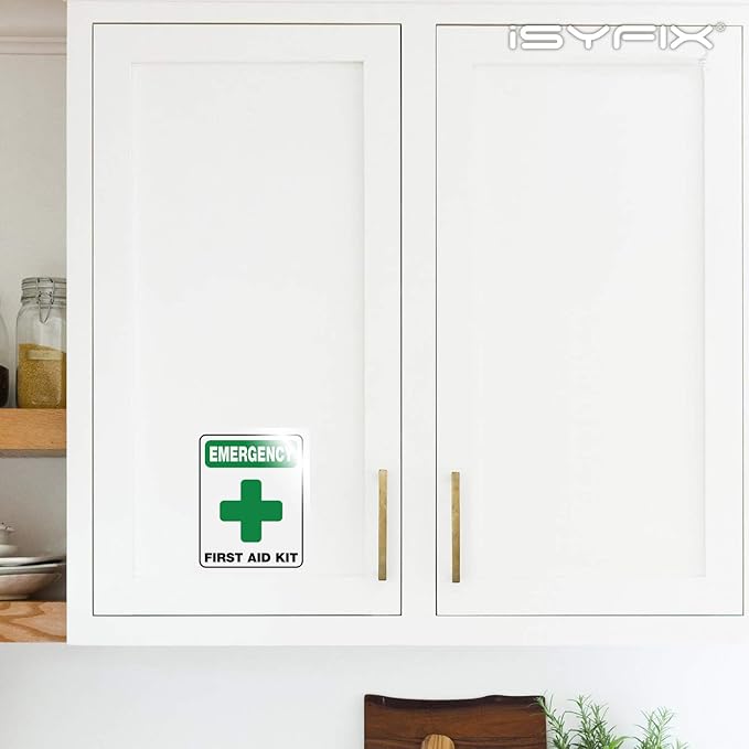 iSYFIX Emergency First Aid Kit Signs Stickers for Home, Schools & Business - 6 Pack 4x5 Inch - Premium Self-Adhesive Vinyl, Laminated UV, Weather, Scratch, Water and Fade Resistance, Indoor & Outdoor