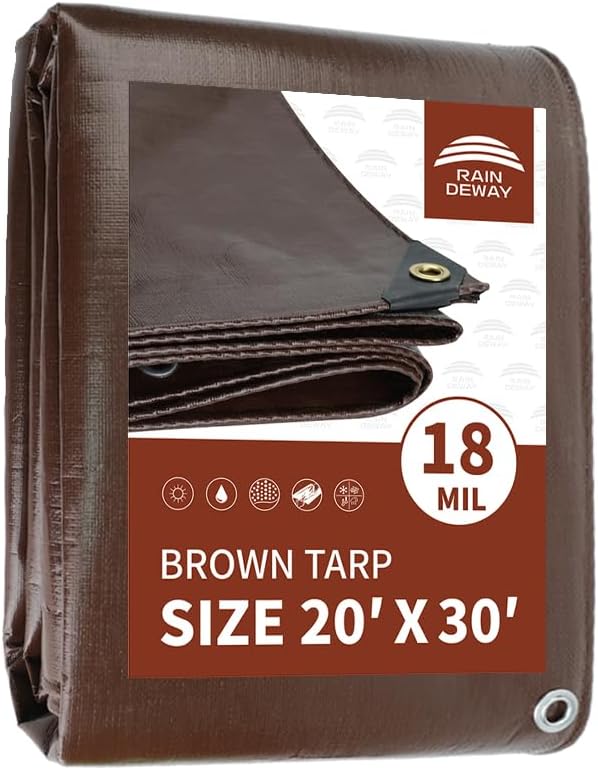 RAINDEWAY 20x30 Feet Super Heavy Duty 18 Mil Brown Poly Tarp Cover, UV Resistant, Weatherproof, Multipurpose Waterproof Poly Tarp with Grommets and Reinforced Edges