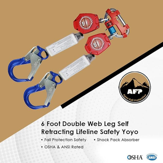 AFP Demon 6 Foot Double Web Leg Self Retracting Lifeline Safety Yoyo, Shock Pack Absorber, Aluminum Rebar Pelican Hook & Aluminum Carabiner Fall Protection Arrest Limiter SRL | OSHA & ANSI Rated