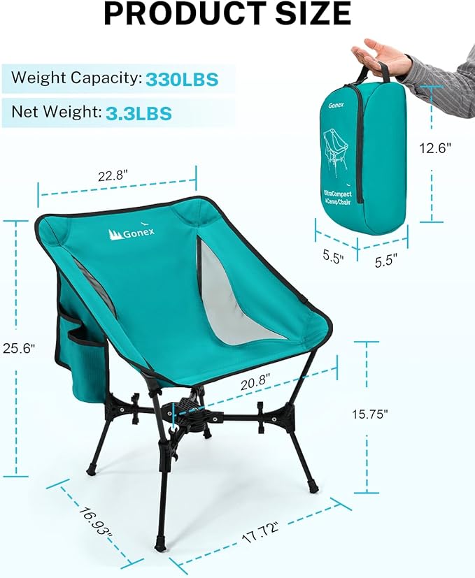 Gonex Portable Camping Chair, The 5th Gen Ultralight Compact Backpacking Foldable Lightweight Folding Chair for Outdoor Camp Hiking Beach Picnic Concert, Supports 330lbs (Lake Green, 1 PCS)