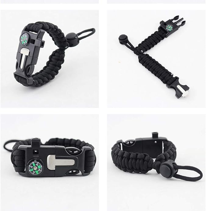 Survival Paracord Bracelet Flint Fire Starter Scraper Compass Wilderness Survival Whistle Adjustable Wristband 2Pack Black&Armygreen