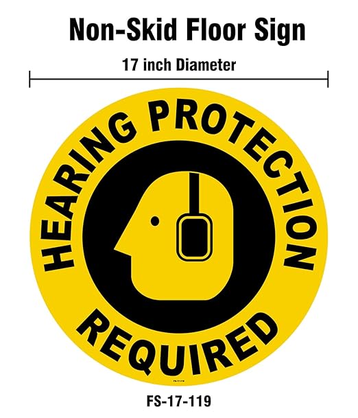 Stranco Floor Signs "HEARING PROTECTION REQUIRED" Non-Slip Permanent Acrylic Adhesive Floor Sign, 17" Black on Yellow