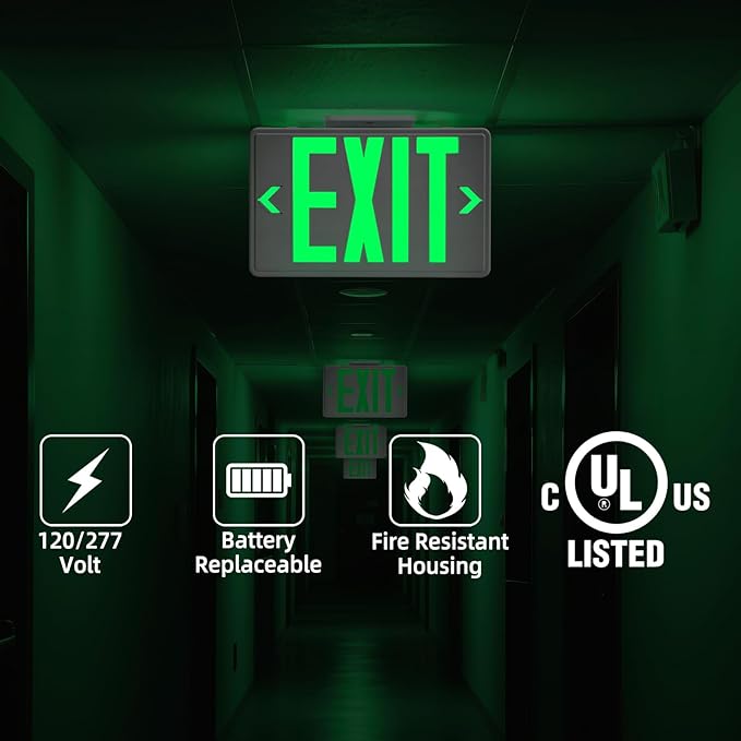 Green Exit Sign, LED Emergency Exit Sign with Battery Backup, Commercial Emergency Exit Light Combo for Business, 2 Adjustable Heads,120V/277V AC, UL-Listed, 2 Pack