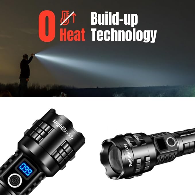 NightBuddy Powerful Rechargeable Tactical LED Flashlight 5000 High Lumens for Home Camping or Survival with Emergency Window Breaker 5 Light Modes IPX7 Waterproof Adjustable Focus USB Output