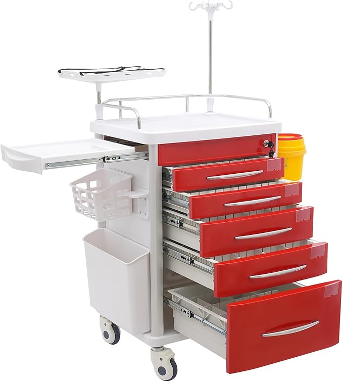 Rolling Crash Cart with Drawers & Adjustable IV Pole, Silent Casters, Needle Disposal Holder, Trash Bin, O2 Holder, Utility Trolley Cart for Clinic, Hospital, Salon, Lab, Load 176 Lbs (Red)