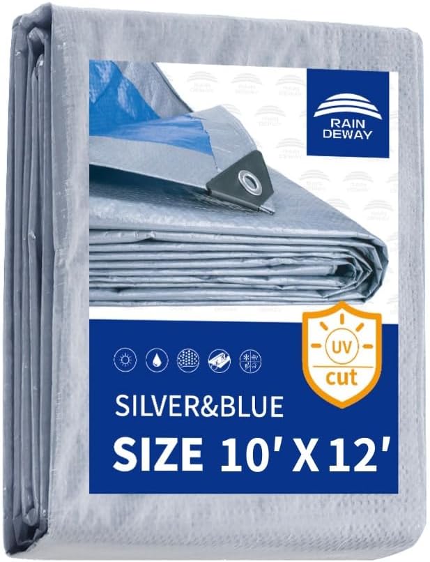 RAINDEWAY Tarps - 10x12 Feet, 5.5 Mil Thick, Multipurpose Waterproof Poly Tarp Cover with Metal Grommets and Reinforced Edges, Silver/Blue Tarp